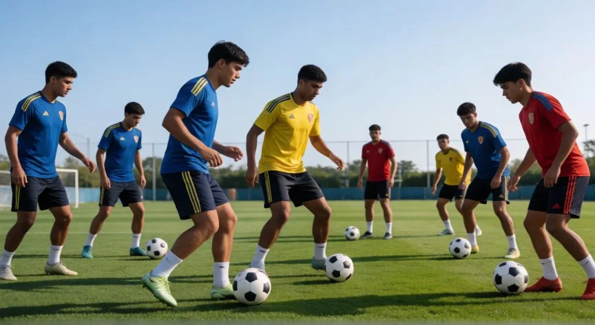 mejor pais que juega al futbol, Jugadores de fútbol de diferentes selecciones practicando en un campo profesional bajo el sol