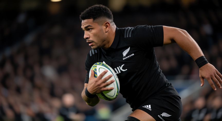 Jugador de los All Blacks de Nueva Zelanda en acción con el balón