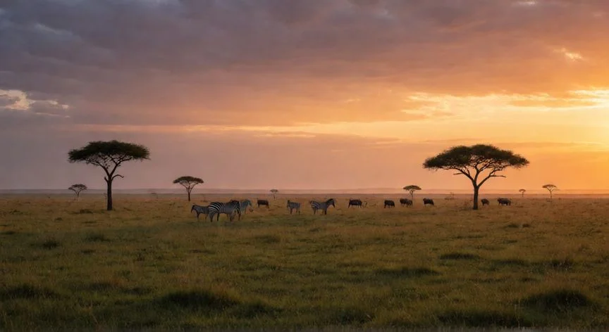 mejor pais safari, Paisaje de las llanuras del Serengeti en Tanzania al atardecer con fauna salvaje
