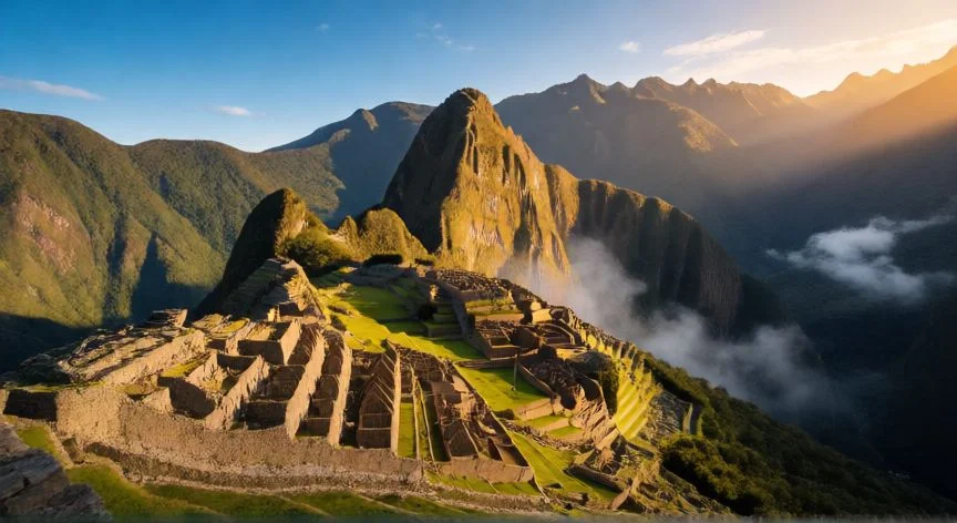 Vista panorámica de las ruinas de Machu Picchu al amanecer en Perú