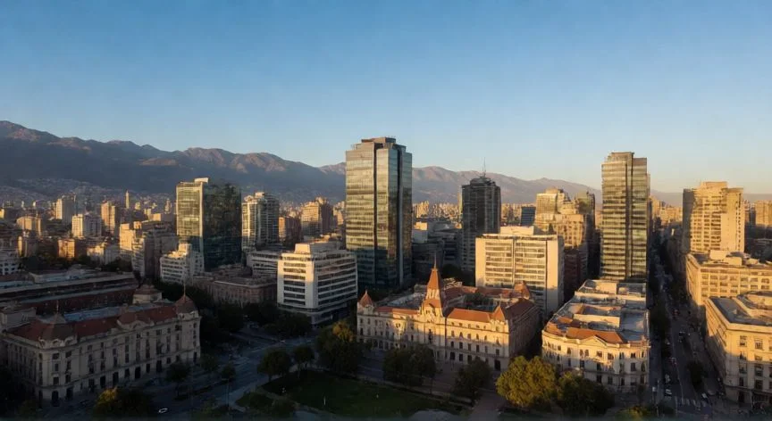 Vista aérea de Santiago de Chile al atardecer con la Cordillera de los Andes de fondo