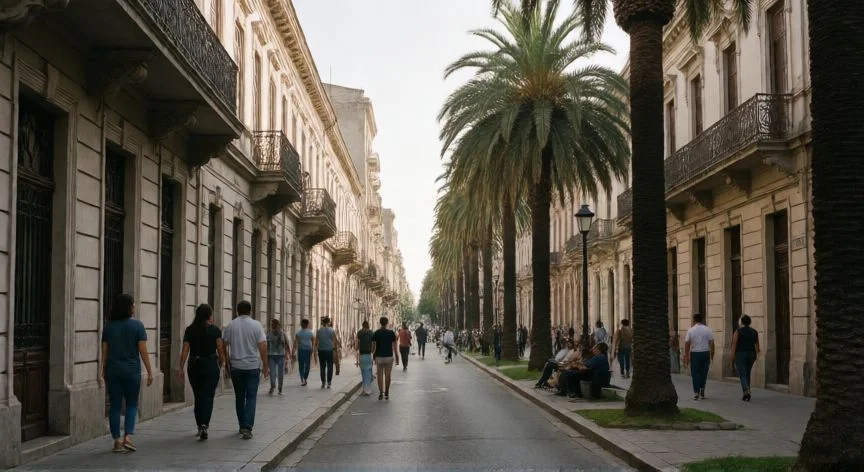 mejor pais sudamericano para vivir, Calle peatonal en Montevideo Uruguay con edificios coloniales y palmeras