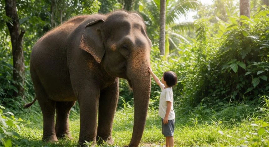 mejor pais sudeste asiatico para viajar con niños, Niño interactuando con un elefante en un santuario de Chiang Mai