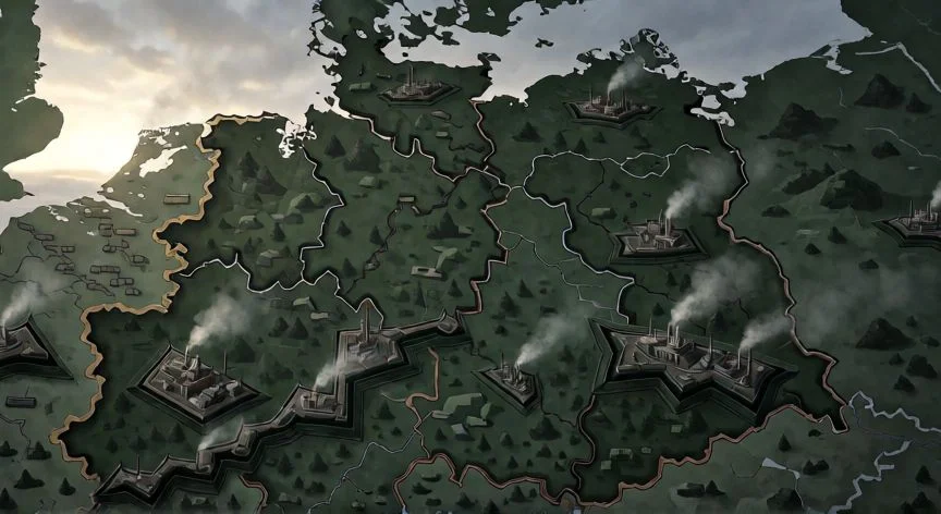Mapa histórico de Alemania en 1914 mostrando su posición estratégica y fortificaciones militares