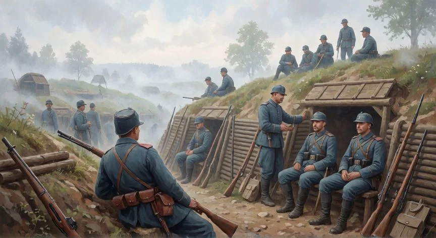 mejor pais supremacy 1914, Vista de las trincheras francesas y posiciones defensivas en las colinas durante la Primera Guerra Mundial