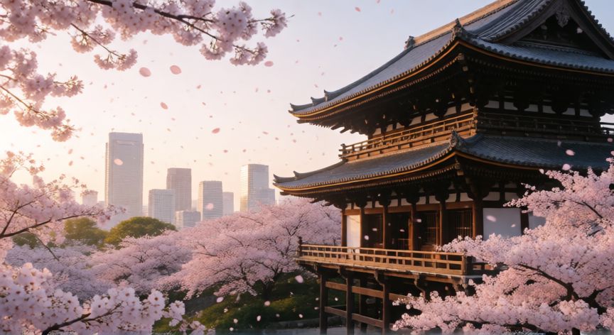 Templo japonés entre cerezos en flor con vista a la ciudad moderna