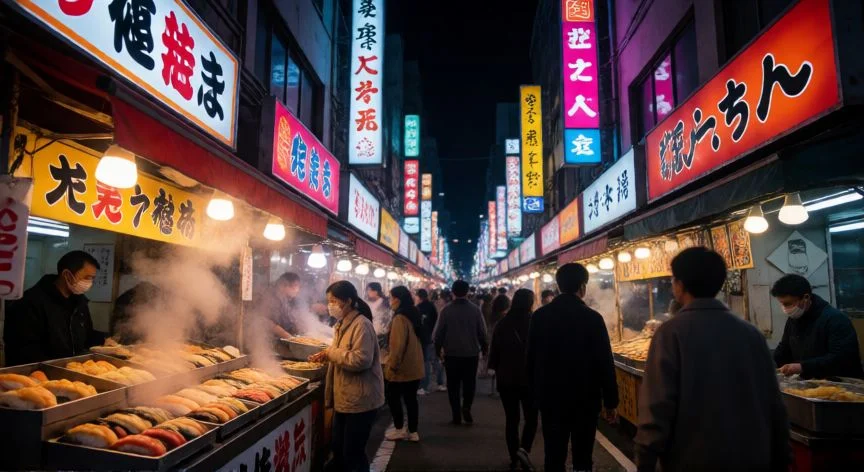 mejor pais turistico del mundo, Mercado nocturno lleno de vida y luces neón en las calles de Tokio