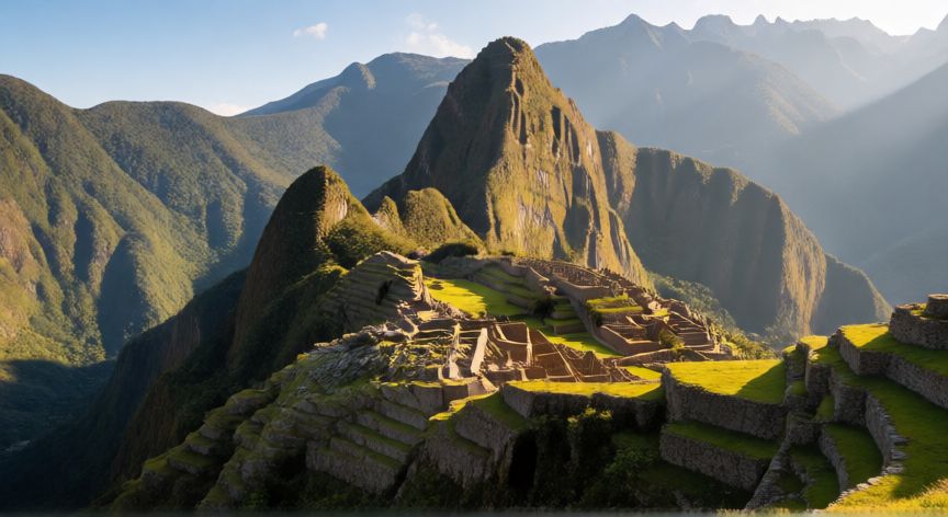 Vista panorámica de las ruinas de Machu Picchu al atardecer en Perú