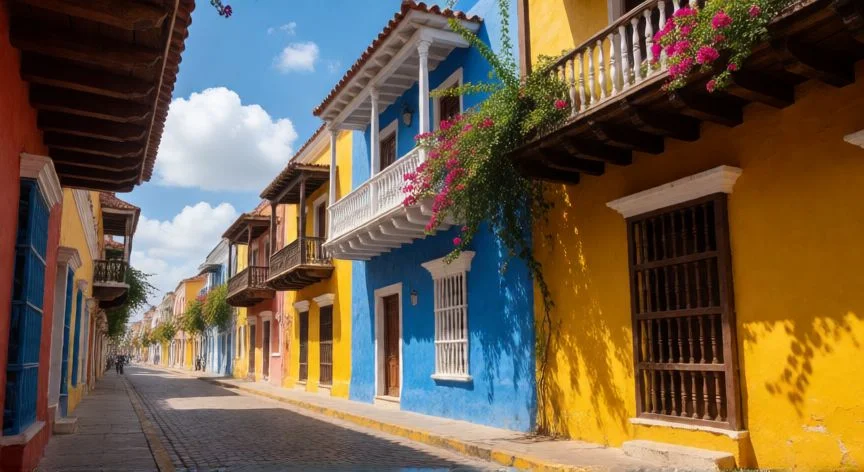 mejor pais turistico latinoamerica, Calle empedrada con casas coloniales de colores en Cartagena, Colombia