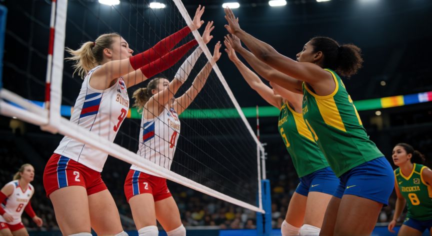 Duelo intenso entre equipos de voleibol de Rusia y Brasil en un estadio profesional