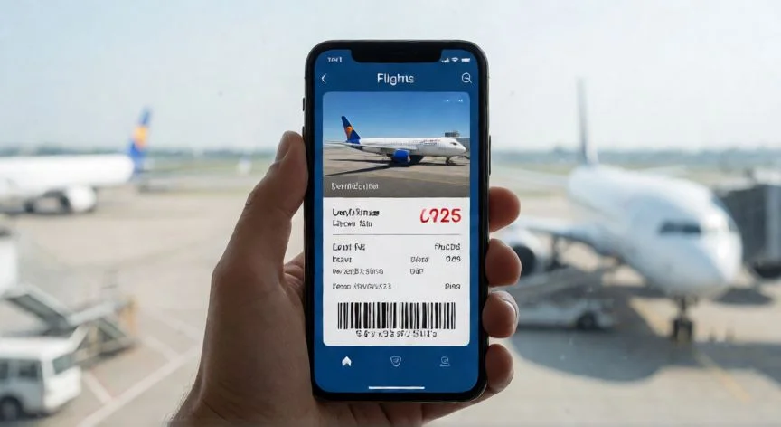 mejor pais vpn para comprar vuelos, Móvil mostrando un billete de avión con precio reducido en un aeropuerto