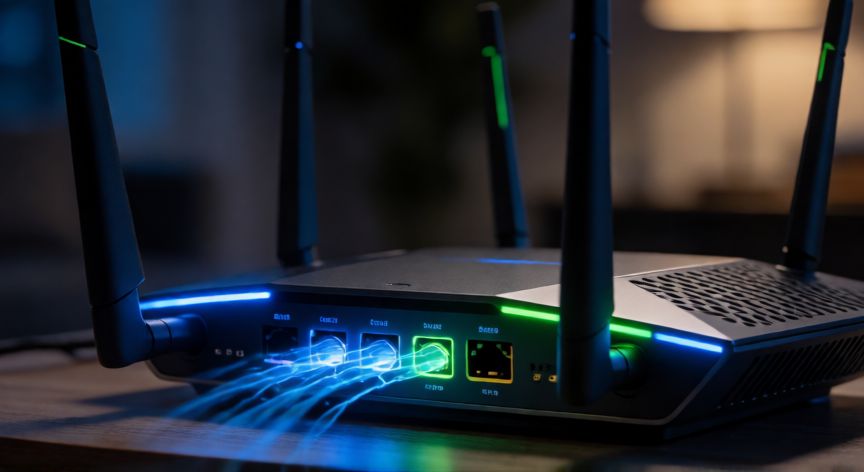Router de alta velocidad con luces LED indicando conexión estable para IPTV