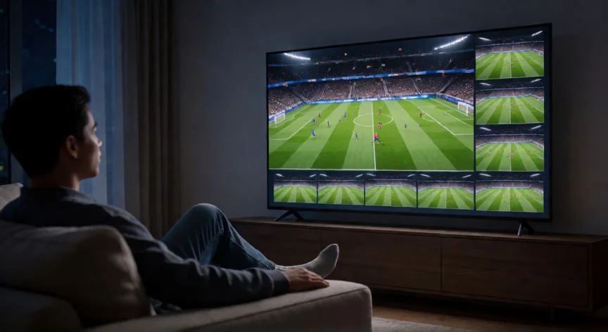 mejor pais vpn para iptv, Persona viendo partido de fútbol en alta definición a través de servicio de IPTV