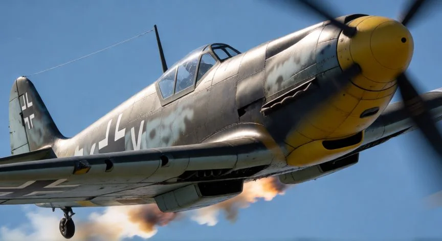 mejor pais war thunder aviones, Caza alemán ascendiendo en el cielo azul con estelas de escape visibles