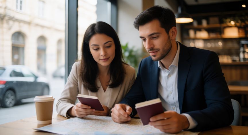 Pareja revisando mapa y pasaportes en café planeando emigrar