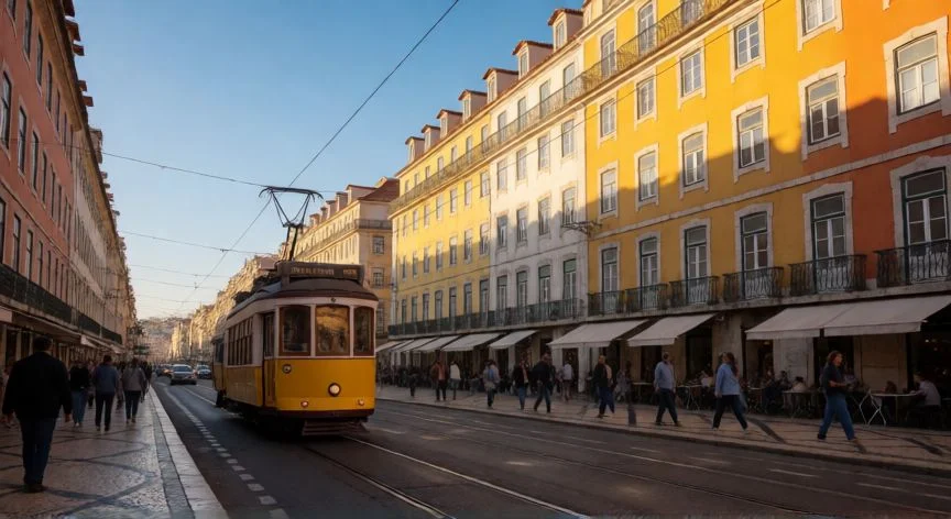 mejor paises para emigrar 2026, Calle animada de Lisboa al atardecer con tranvía y turistas