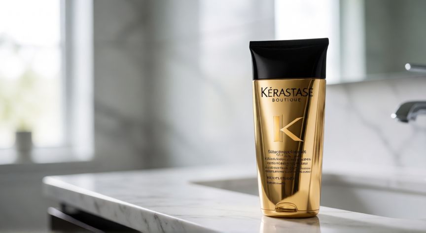 mejor producto de kerastase para el cabello, Botella de champú Kérastase línea Boutique sobre encimera de mármol