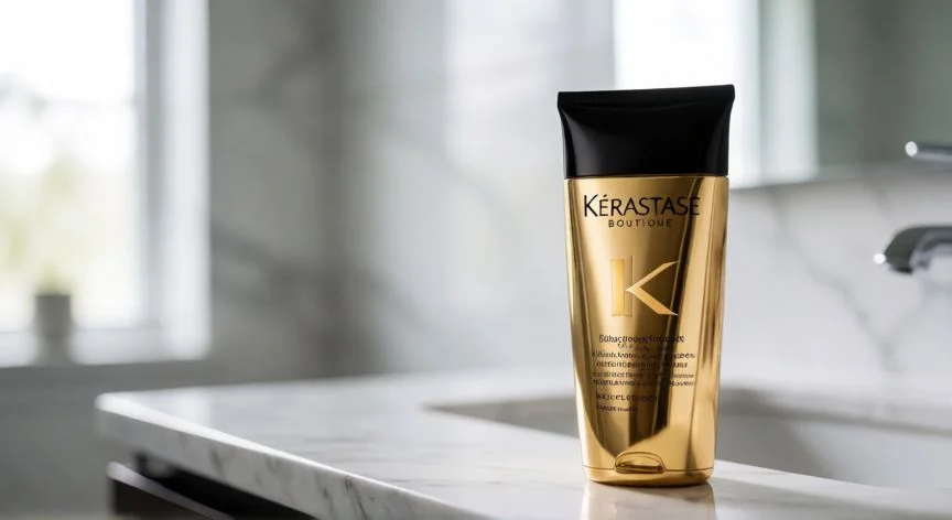 Botella de champú Kérastase línea Boutique sobre encimera de mármol