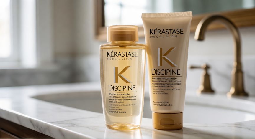 mejor producto de kerastase para el frizz, Productos de la línea Kérastase Discipline sobre un lavabo de mármol