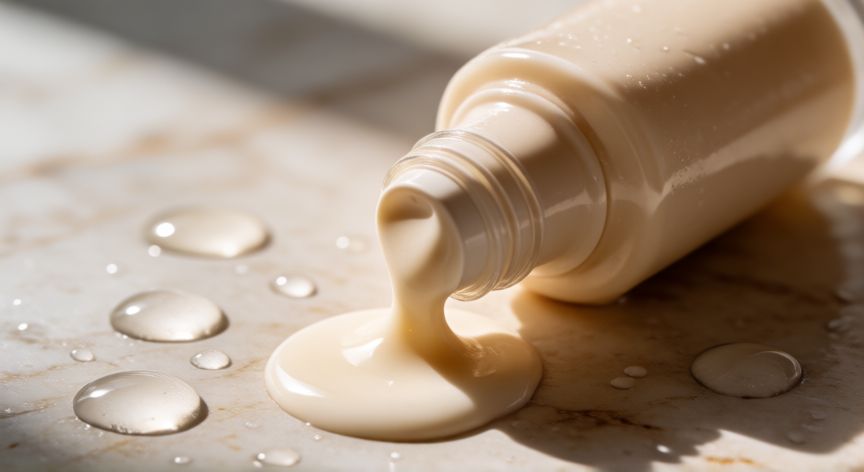 mejor producto de keratina para el cabello, Bote de sérum capilar con keratina sobre superficie de mármol