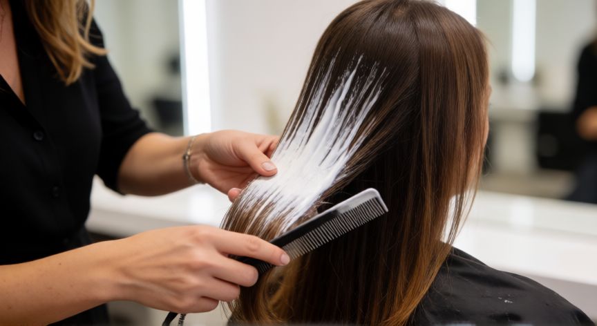 mejor producto de keratina para el cabello, Estilista aplicando tratamiento de keratina en el cabello