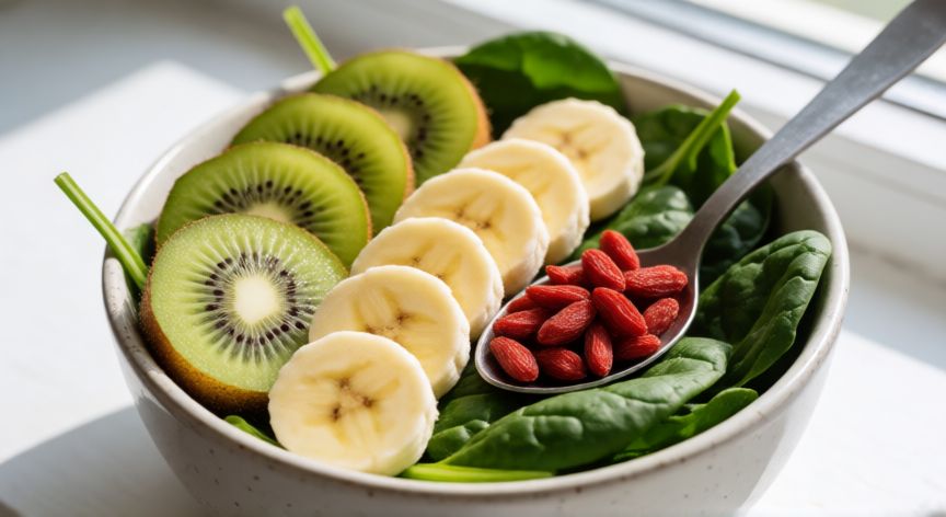 mejor producto natural para bajar la tensión, Cuenco saludable con frutas ricas en potasio y arándanos para la salud cardiovascular