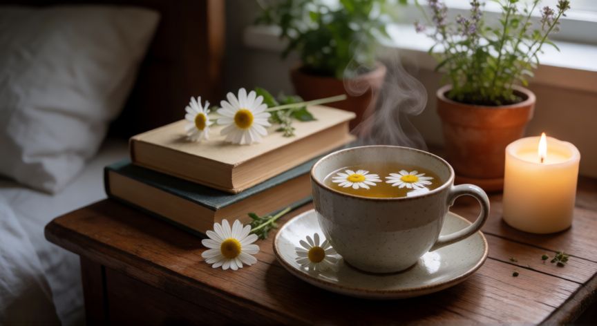 mejor producto natural para dormir, Taza de té de manzanilla humeante en una mesita de noche con vela encendida