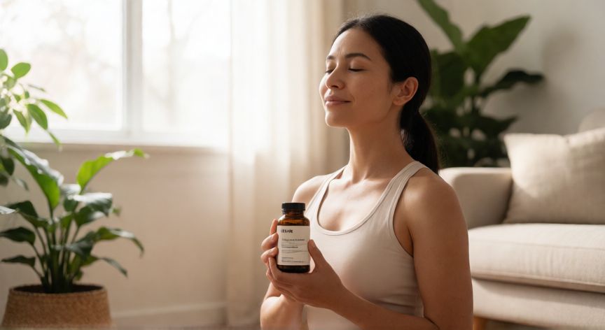 mejor producto natural para la menopausia, Mujer haciendo yoga con suplementos de magnesio en una sala luminosa