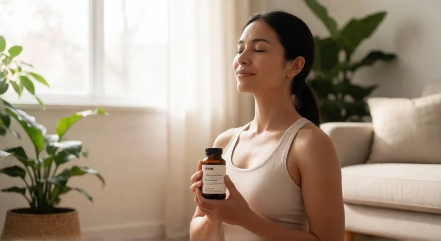 mejor producto natural para la menopausia, Mujer haciendo yoga con suplementos de magnesio en una sala luminosa