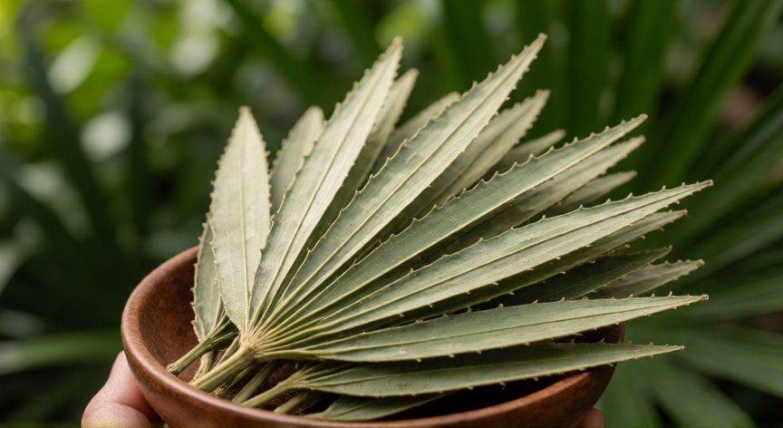mejor producto natural para la prostata, Hojas de Saw Palmetto en un cuenco de madera, suplemento natural para próstata