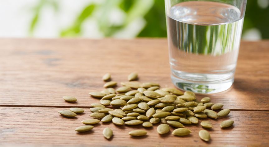 mejor producto natural para la prostata, Semillas de calabaza sobre una mesa de madera, fuente natural de zinc