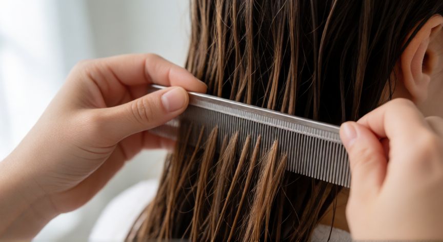 mejor producto para acabar con los piojos, Peinado con peine de púas finas para eliminar liendres del cabello húmedo