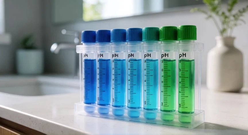 Kit de análisis de agua para piscina midiendo niveles de pH y cloro