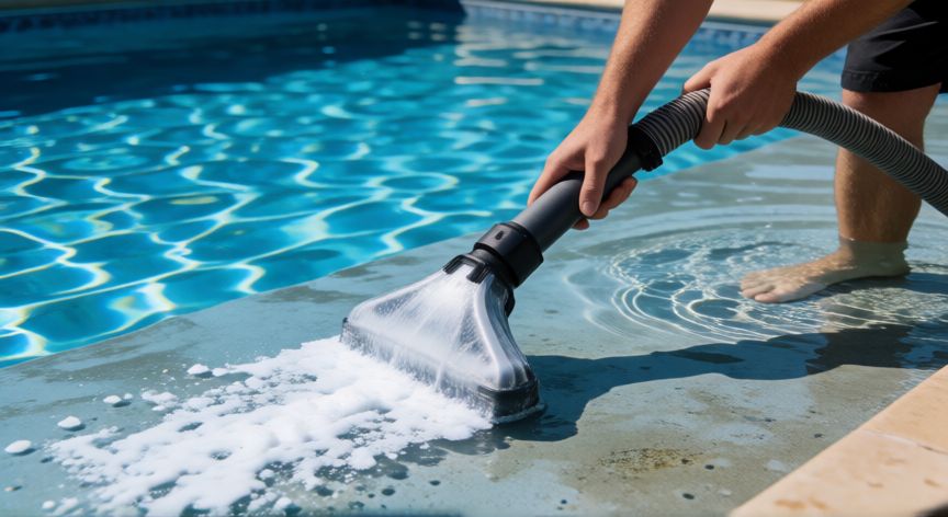 mejor producto para aclarar el agua de la piscina, Operario aspirando el fondo de una piscina con floculante aplicado