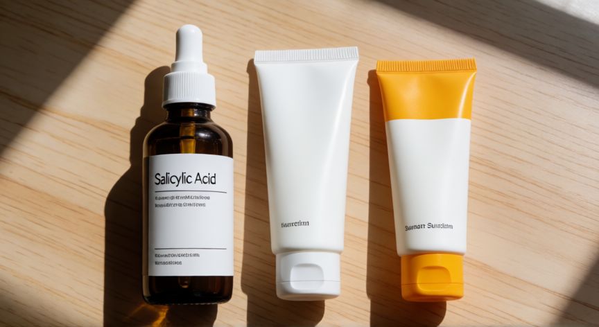 mejor producto para acne juvenil, Productos de skincare con ácidos y protector solar dispuestos en una mesa de madera