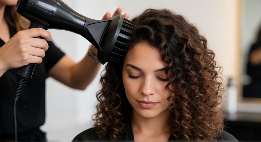 mejor producto para activar rizos, Mujer secando su cabello rizado con difusor y cabeza inclinada hacia abajo
