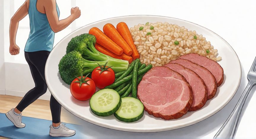 mejor producto para adelgazar, Plato de comida saludable y persona haciendo ejercicio