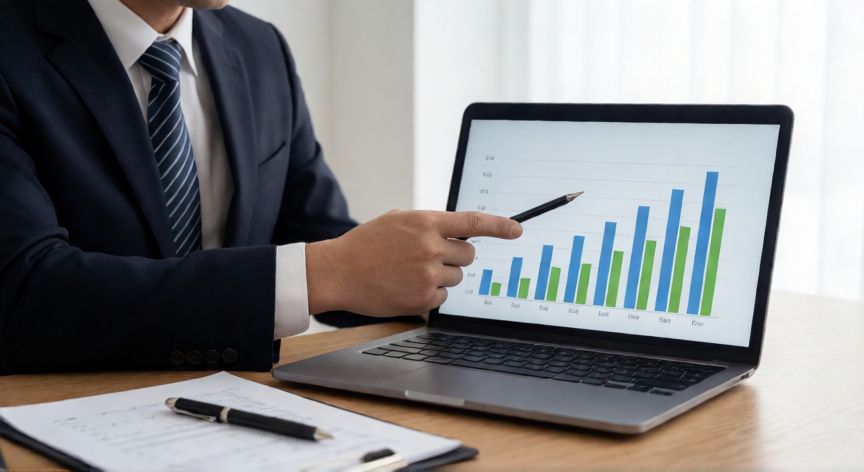 mejor producto para ahorrar para la jubilación, Asesor financiero analizando gráficos de crecimiento de inversión a largo plazo