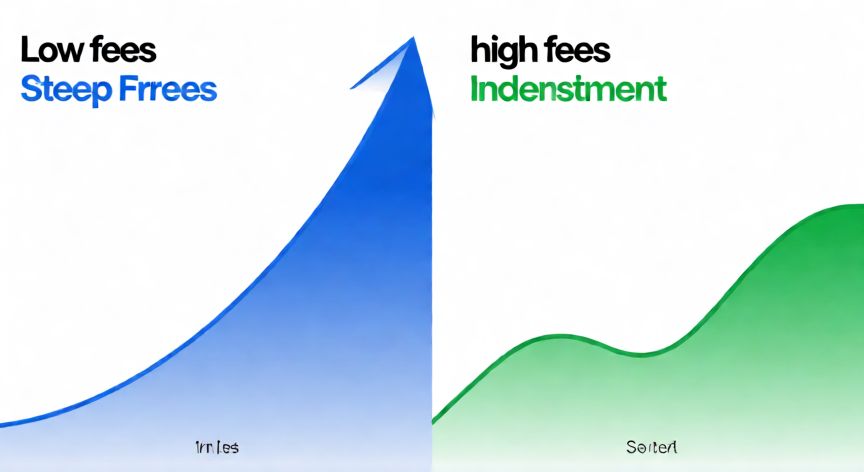 mejor producto para ahorrar para la jubilación, Comparativa visual entre comisiones bajas y altas en inversiones a largo plazo