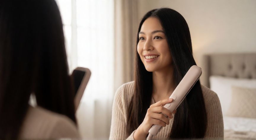 mejor producto para alisar el pelo, Mujer usando plancha de cerámica para alisar el cabello