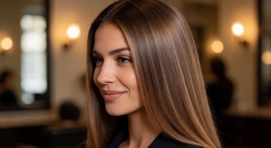 mejor producto para alisar el pelo en casa, Mujer con pelo liso y brillante tras usar la plancha