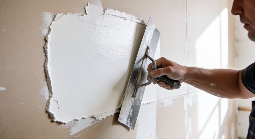 mejor producto para alisar paredes, Aplicación de mayaque con llana metálica sobre pared de yeso