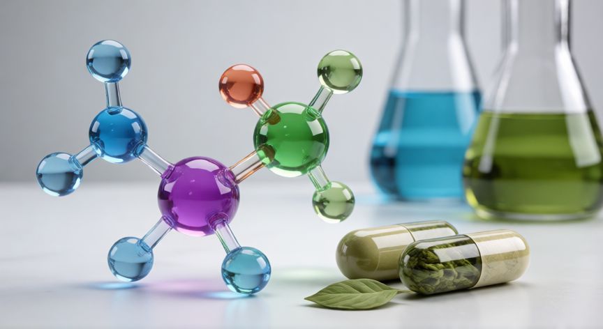 mejor producto para aumentar la testosterona, Moléculas de testosterona y cápsulas de suplementos naturales en un entorno de laboratorio