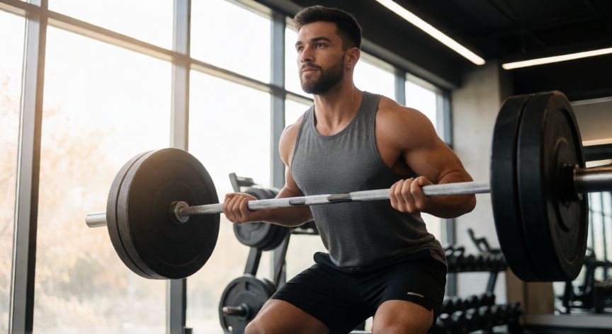 mejor producto para aumentar la testosterona, Hombre realizando ejercicio de fuerza en el gimnasio para mejorar su salud hormonal