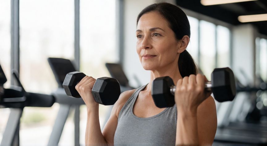 mejor producto para bajar de peso en la menopausia, Mujer madura haciendo ejercicio de fuerza en el gimnasio