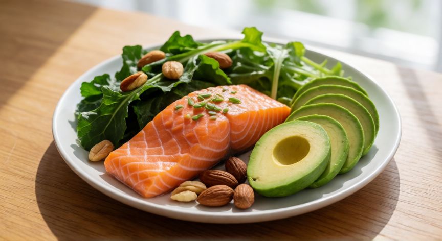 mejor producto para bajar de peso en la menopausia, Plato saludable con salmón y vegetales para la nutrición en menopausia