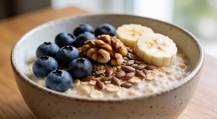 mejor producto para bajar el colesterol, Bowl de avena con nueces y semillas de lino para una dieta baja en colesterol
