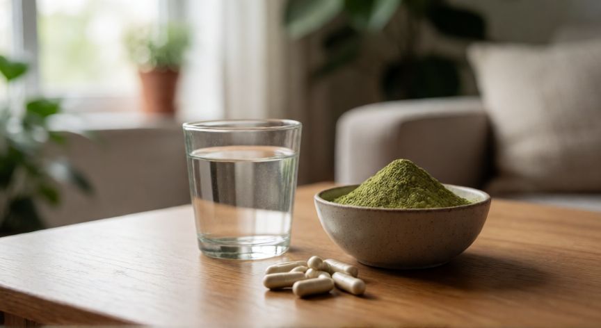 mejor producto para bajar el cortisol, Suplementos naturales como Ashwagandha y Magnesio sobre una mesa de madera