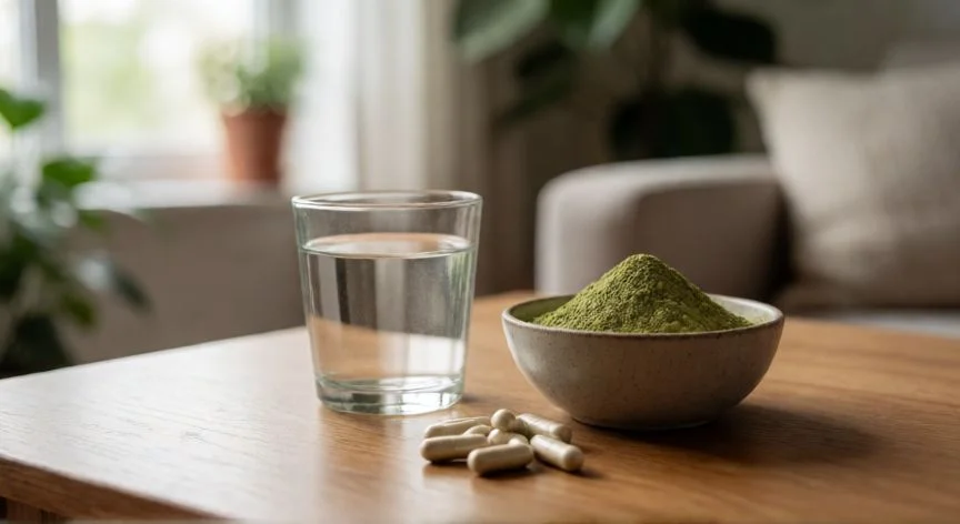 Suplementos naturales como Ashwagandha y Magnesio sobre una mesa de madera
