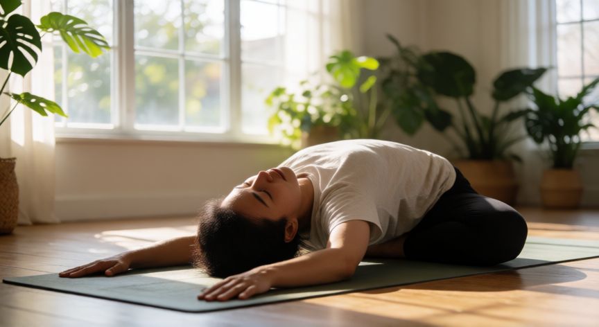 mejor producto para bajar el cortisol, Persona practicando yoga para reducir el estrés y equilibrar el cortisol